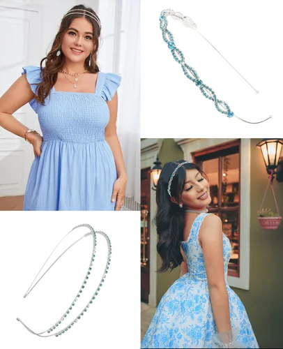 Miniatura 4 de Wecoe Paquete de 4 tocados nupciales de diamantes de imitación azul claro – Diademas de metal con hojas de mariposa de cristal para mujeres, niñas