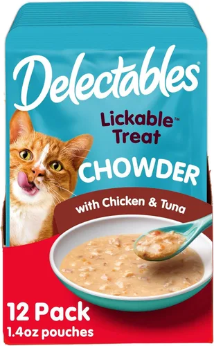 Hartz Delectables Chowder - Golosinas húmedas para lamer para gatitos, gatos adultos y adultos mayores, pollo y atún, 1.4 onzas (paquete de 12)