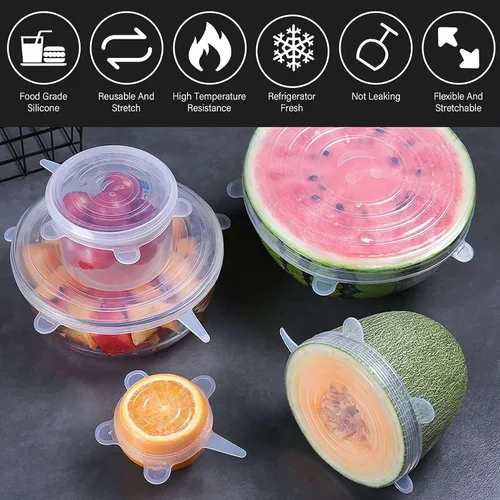 Miniatura 5 de Tapas elásticas de silicona, 6 unidades, transparentes, reutilizables, duraderas y expandibles, de silicona, para tazón, para tazón, película