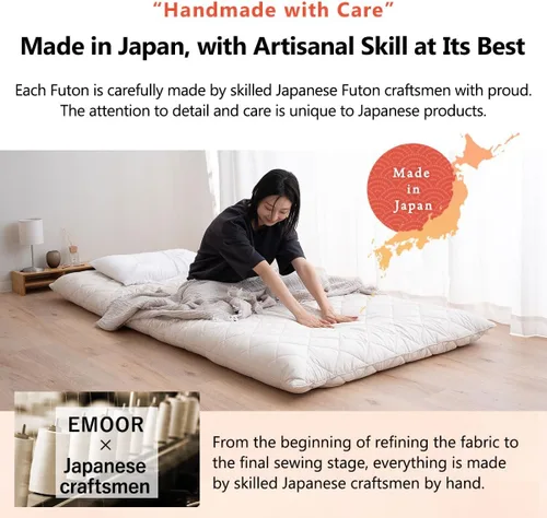 Miniatura 6 de EMOOR Colchón de futón japonés extra grueso, con dobladillo pequeño, tamaño individual, fabricado en Japón, color blanco, plegable, cama