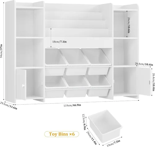 Miniatura 2 de FINETONES Organizador de almacenamiento de juguetes con 6 contenedores de juguetes, estantería organizadora de juguetes para niños con 6 Blanco