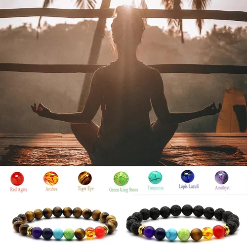 Miniatura 4 de HEDQFM 2 pulseras de piedra energética con ojo de tigre de 7 chakras, piedras de lava, aromaterapia, difusor de aceites esenciales, pulseras