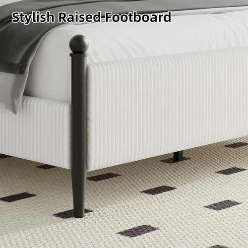 Miniatura 5 de BarnFurin Base de cama tamaño matrimonial con cabecero, cama tapizada de plataforma de metal con terciopelo de pana y listones de madera, diseño