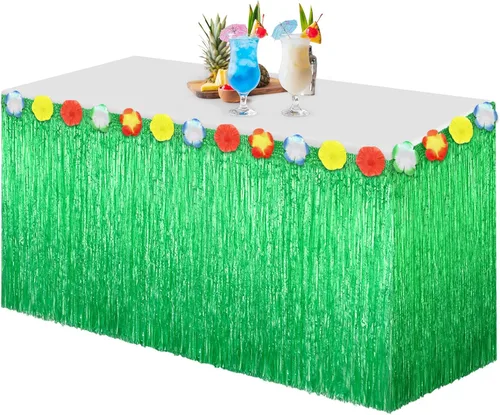 Morcheiong Paquete de 1 falda de mesa de hierba Luau, 9 pies x 29.5 pulgadas, falda de mesa hawaiana para Tiki, selva, suministros de decoración de