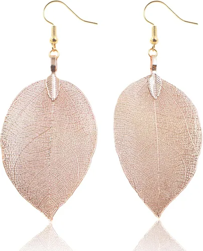 Miniatura 23 de Joyas de hoja de oro rosa y plata para mujer. Pendientes de hoja natural y collares circulares colgantes. Elegantes conjuntos de joyas colgantes.