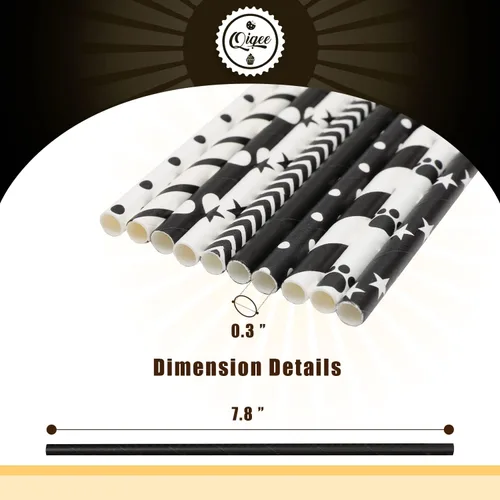 Miniatura 5 de qiqee Pajitas de papel negro, 150 pajitas desechables a granel (10 patrones negros, biodegradables, desechables, 7.75 x 0.25 pulgadas)