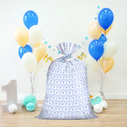 Miniatura 4 de WRAPAHOLIC Bolsa de regalo de plástico grande de 56 pulgadas para bebé, diseño de elefante azul, bolsa de regalo para baby shower, cumpleaños