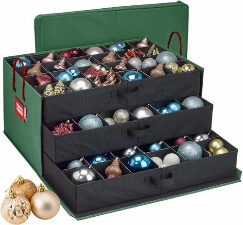 Miniatura 15 de Caja con divisores para guardar hasta 72 adornos navideños de 3 pulgadas de forma práctica, cubos grandes de tela de alta calidad con 3 bandejas Gris
