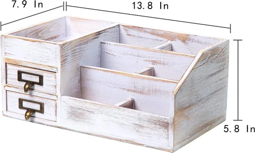 Miniatura 2 de Organizador de escritorio de oficina de madera rústica envejecida, estante organizador de mesa para el hogar con múltiples compartimentos, cajones