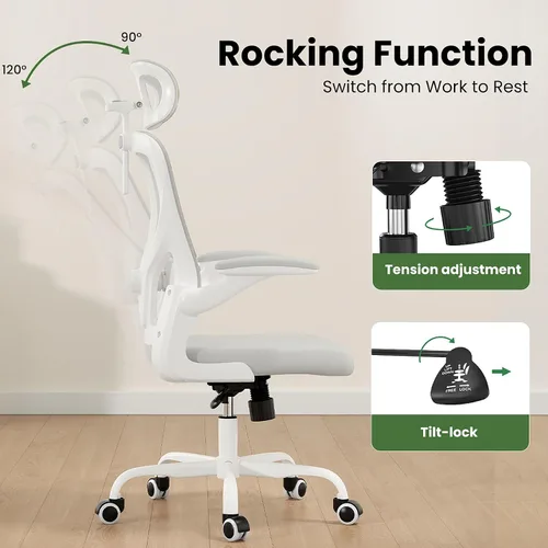 Miniatura 5 de Silla de oficina ergonómica blanca y silla de escritorio de respaldo alto con soporte lumbar ajustable, cómodas sillas de juegos de computadora