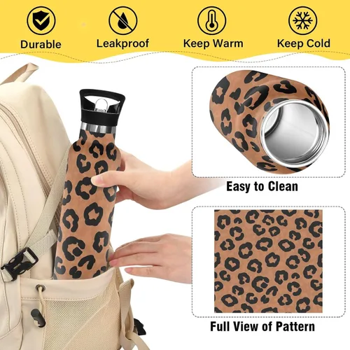 Miniatura 4 de Kids Water Bottle for School, Kids Water Bottle Stainless Steel for Travel or School 20 Oz, BPA-Free, Leopard Spots Brown