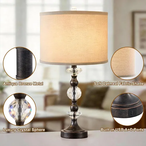 Miniatura 3 de Juego de 2 lámparas de mesa de cristal de 25.5" para dormitorio, lámparas de mesita de noche de bronce con puertos de carga USB A+C con pantalla