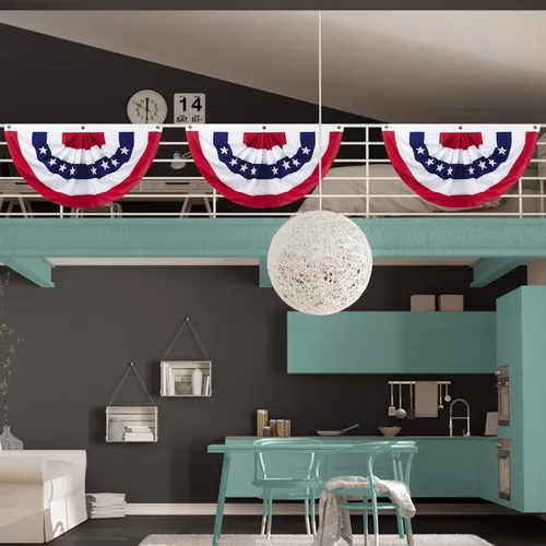 Miniatura 4 de Banderas de banderines para exteriores, 3 banderas plisadas americanas de 2 x 4 pies, banderines patrióticos del 4 de julio, Día del Veterano