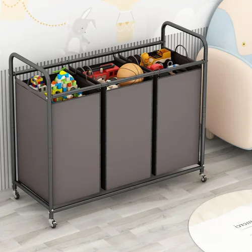 Miniatura 3 de LINZINAR Clasificador de ropa sucia de 3 bolsas, carrito cesto de ropa sucia con ruedas rodantes resistentes y con bloqueo y bolsas removibles