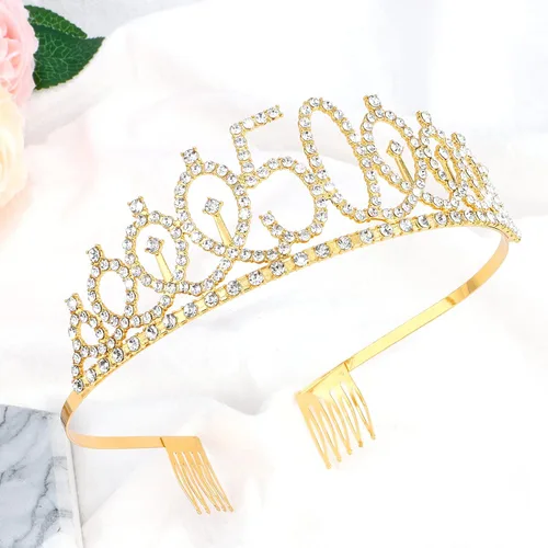 Miniatura 3 de Juego de celebración de 50 cumpleaños – Pin de perlas doradas, corona y banda – fabulosos recuerdos de fiesta para mujeres 50 cumpleaños dorado