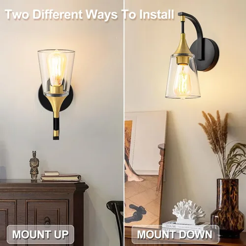 Miniatura 4 de Lámpara de pared de baño de 1 luz, lámpara de pared negra y dorada con pantalla de vidrio transparente, lámpara de pared moderna para interiores