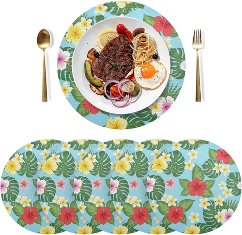 Miniatura 3 de Manteles individuales redondos rojos con hojas tropicales, flores vibrantes, resistentes al calor, antideslizantes, para cocina, talla 1 x 1
