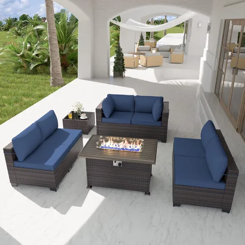 Miniatura 100 de Kurapika juego de muebles de patio 4 piezas de mimbre al aire libre, sillas de ratán, juego informal con mesa de café, juego de bistró con mecedora