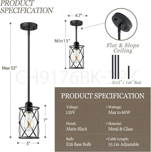 Miniatura 3 de CH9176BK-3PK - Luces colgantes de cristal para isla de cocina, paquete de 3, iluminación colgante de cocina negra sobre la isla con varilla, moderna