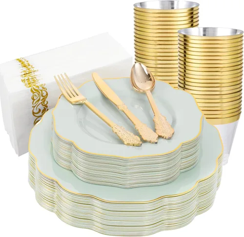Miniatura 15 de NOCCUR 175 platos de plástico color oro rosa con cubiertos desechables, incluye 25 platos de cena, 25 platos de postre, 25 tenedores, 25 cuchillos