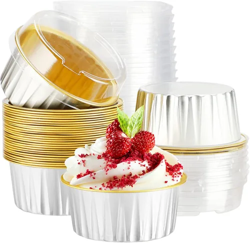 EUSOAR Forros para cupcakes con tapas, 30 piezas desechables de papel de aluminio de 5 onzas, moldes para hornear cupcakes, envases de postre con