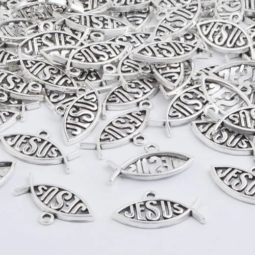 Miniatura 7 de 100 dijes de plata antigua con forma de pez de Jesús, de aleación tibetana, colgante cristiano en forma de pez, vintage, Jesús religioso, colgantes