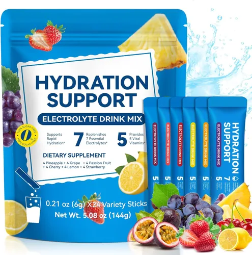 Paquetes de polvo de electrolitos de frutas orgánicas, hidratación intravenosa diaria con 7 electrolitos esenciales y 5 vitaminas, sin azúcar y cero