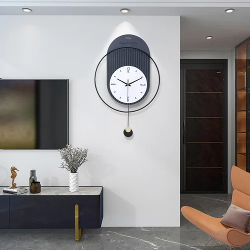 Reloj de pared decorativo grande con péndulo para sala de estar, marco de metal negro, esfera blanca, tipo silencioso, adecuado para sala de estar,