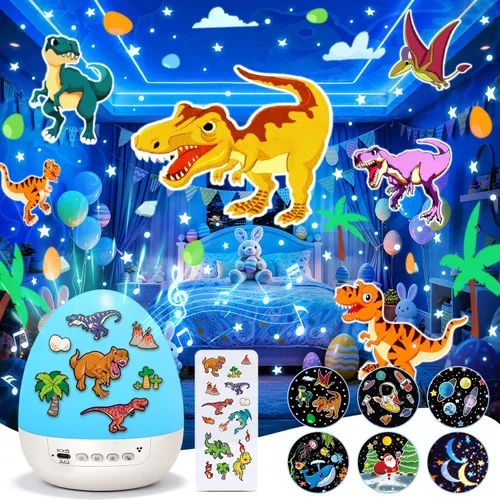 Luz de huevo de dinosaurio para máquina de sonido de guardería | 15 sonidos para dormir+películas de 12HD+rotación de 360° | Regalos de dnio para
