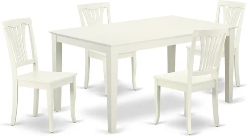 East West Furniture CAAV5-LWH-W - Juego de muebles de comedor de 5 piezas, incluye una mesa de comedor rectangular y 4 sillas de asiento de madera,