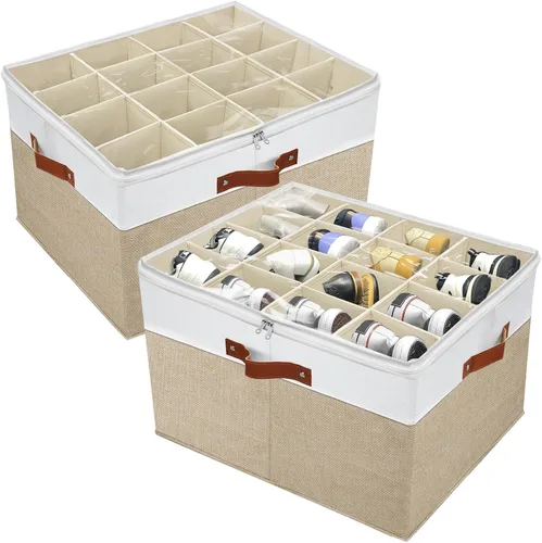 Paquete de 2 organizadores de almacenamiento de zapatos para armario, caja de almacenamiento apilable de zapatos para entrada, armario de Marrón