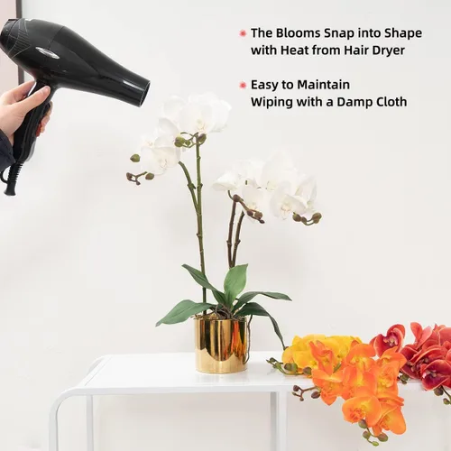 Miniatura 6 de CXGS Planta de orquídeas artificiales de tacto real, orquídeas falsas en jarrón de cerámica, naranja, 19.7 pulgadas, arreglo floral falso