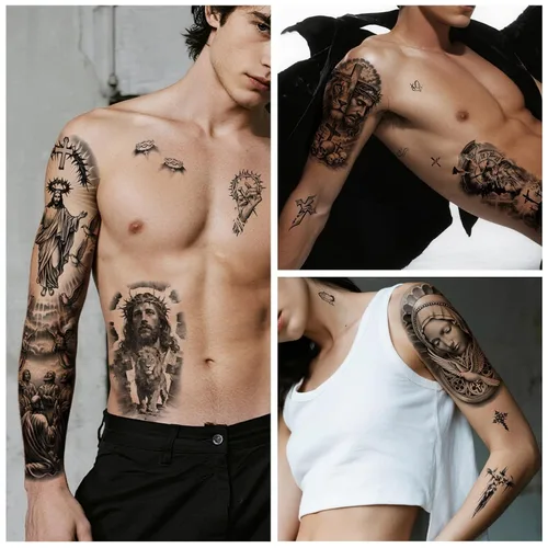 Miniatura 5 de Yazhiji 48 hojas de tatuajes temporales cristianos de brazo completo para adultos, tatuajes falsos de medio brazo religiosos de Jesús Cristo, cruz