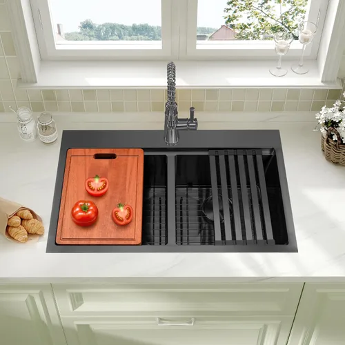 Miniatura 29 de LQS Fregadero de cocina dorado de 32 x 18 pulgadas, fregaderos de cocina empotrados, fregaderos de acero inoxidable de doble tazón 50/50
