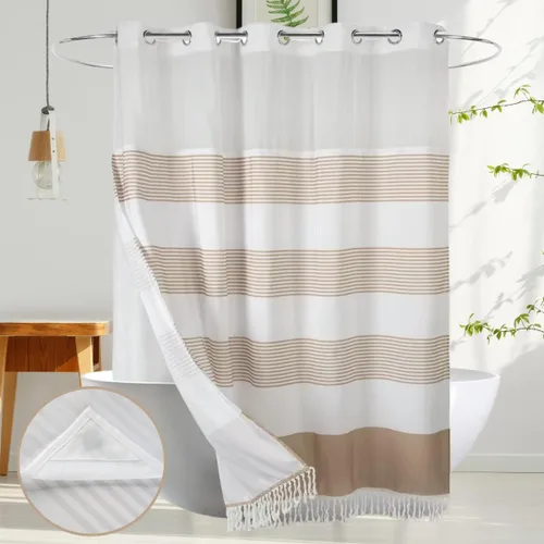 Cortina de ducha de tela pesada sin gancho con forro de imanes a presión, cortina de baño gruesa con borla transparente en la parte superior,