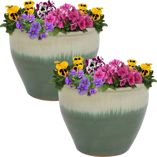 Miniatura 12 de Sunnydaze Maceta grande de cerámica redonda - Maceta de planta exterior esmaltada con drenaje - Chalet - Verde oscuro - 14.5