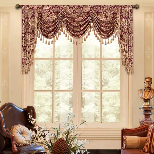 Miniatura 30 de Loom and Mill Cenefa de cascada de lujo de jacquard para sala de estar, elegantes cenefas de ventana con festones y cuentas damascadas, cortinas