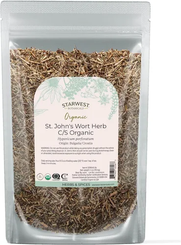 Starwest Botanicals Hierba de San Juan seca orgánica, hierba de hojas sueltas para té, hecha de flor de hierba de San Juan, cortada y tamizada,