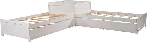Miniatura 7 de Moderna cama de plataforma en forma de L con nido y cajones, cama de plataforma de madera de tamaño individual con mesa cuadrada abatible White#w