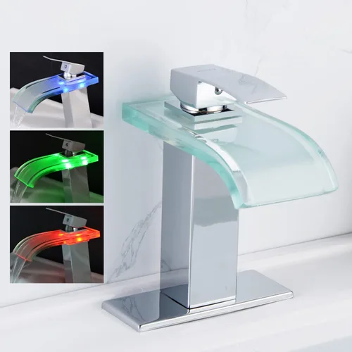 Miniatura 7 de Grifo de Baño LED, Grifo de Lavabo de Baño Cascada Cromado, 1 Agujero, Centros de 4 Pulgadas, Luz LED de Control de Temperatura que Cambia