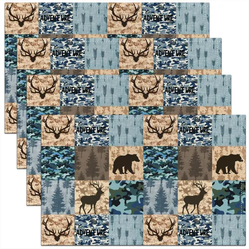 Juego de 4 manteles individuales de 12 x 18 pulgadas para mesa de comedor, oso de ciervos y alce, impermeable, para decoración de fiestas, camuflaje