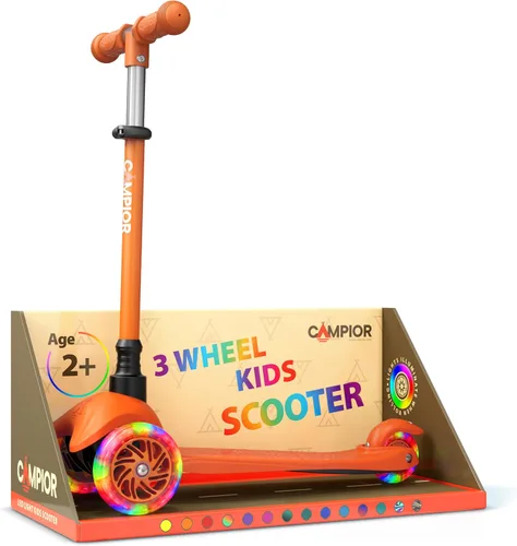 Mini scooter naranja de 3 ruedas para niños, dirección por inclinación con ruedas LED iluminadas, manubrio ajustable, cubierta ancha antideslizante,