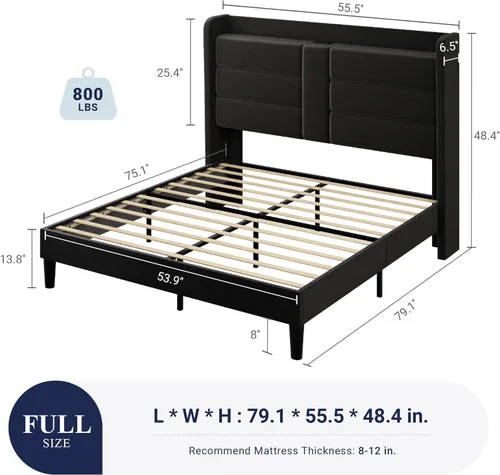 Miniatura 2 de Allewie Base de cama de plataforma de tamaño matrimonial con estación de carga y cabecera de almacenamiento, diseño tapizado de terciopelo con Negro