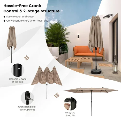 Miniatura 8 de Tangkula Sombrilla de patio de doble cara de 15 pies con manivela, parte superior ventilada, sombrilla rectangular grande para exteriores con Café