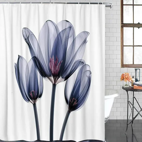 Cortina de ducha, fotografía abstracta de tulipanes de flores azules transparentes, juego de cortina de ducha de tela impermeable con 12 ganchos,
