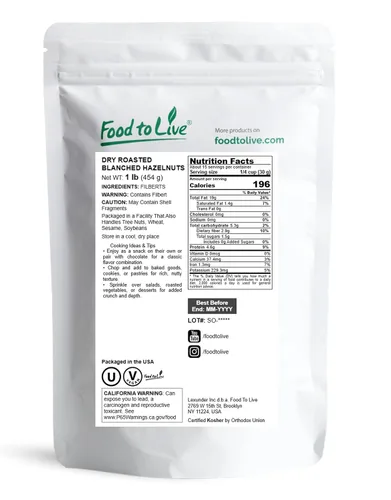 Miniatura 2 de Food to Live Avellanas blanqueadas tostadas en seco, 1 libra, sin sal, filberts enteros asados al horno, sin aceite añadido, sin piel, vegano