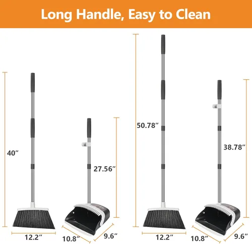 Miniatura 4 de Folews Juego de escoba y recogedor, sartén resistente con mango largo, escoba de 51 pulgadas con recogedor, juego combinado vertical autolimpiante