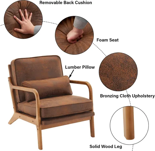 Miniatura 3 de Silla decorativa con respaldo medio, respaldo inclinado, cómodo cojín extraíble, asiento tapizado, sillón de mediados de siglo, sillón de ocio