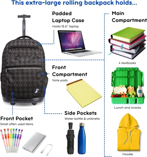 Miniatura 3 de J World Sundance Mochila Rodante para Laptop para Niñas y Niños. Mochila Escolar con Ruedas, Rombos negro, 20 pulgadas