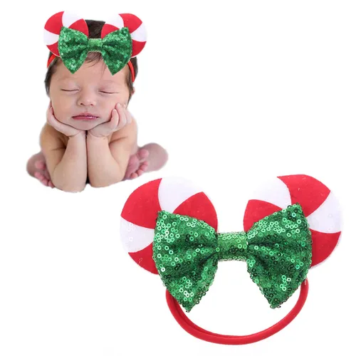 Miniatura 9 de Diadema de orejas de ratón con lazo de lentejuelas, banda elástica suave para el pelo, diadema de fiesta para bebés, niñas recién nacidas, niños
